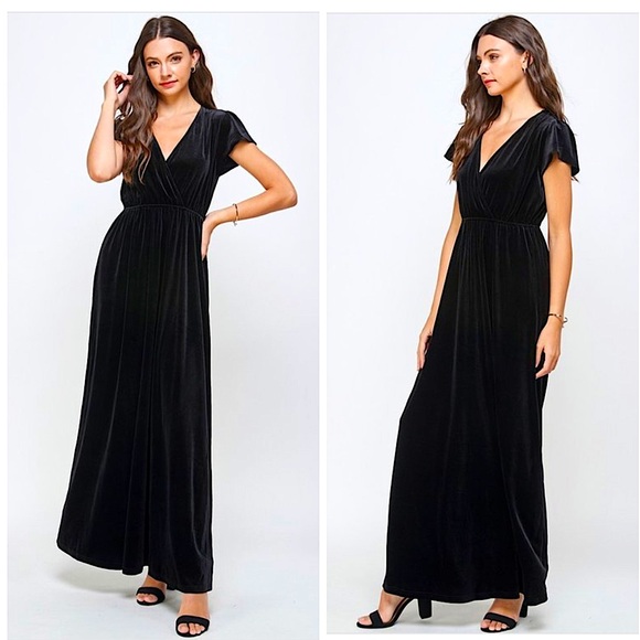 Black Velvet Flutter Sleeve V-Neck Maxi Dress - Picture 3 of 6